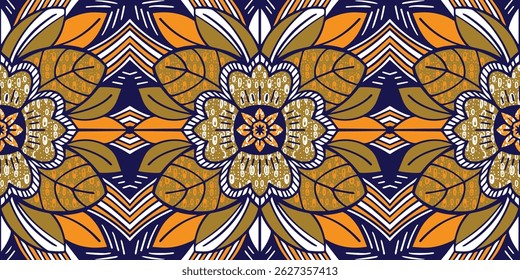African ethnic traditional blue pattern. seamless beautiful Kitenge, chitenge style. fashion design in colorful. Geometric flowers abstract motif. Orange Floral Ankara prints, African wax prints.