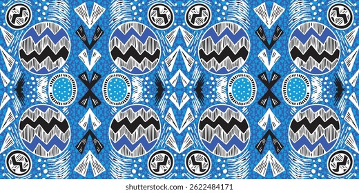 African ethnic traditional blue white pattern. seamless beautiful Kitenge, chitenge style. fashion abstract design in circle colorful. Geometric abstract motif. Ankara prints, African wax prints.