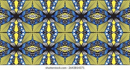 African ethnic traditional blue and yellow pattern. seamless beautiful Kitenge, chitenge,Ankara style. fashion design in colorful. Geometric abstract motif. Ankara prints, African wax prints.