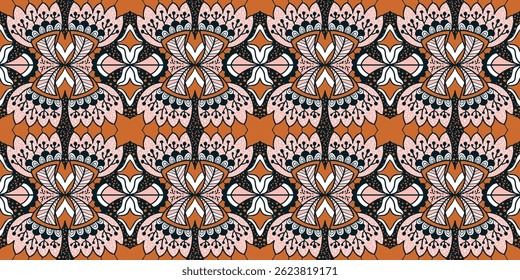 African ethnic traditional brown, pink, purple pattern. seamless beautiful Kitenge, chitenge, dutch wax style. fashion design. botanical abstract motif. floral Ankara prints, African wax prints.