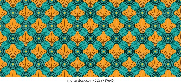 African ethnic traditional green and orange geometric patterns. seamless beautiful Kitenge,chitenge,Ankara style. fashion design in colorful. Geometric abstract motif. Ankara prints, African wax print