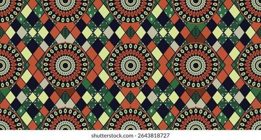 African ethnic traditional green and orange pattern. seamless beautiful Kitenge, chitenge style. fashion design in colorful. Geometric circle abstract motif. Floral Ankara prints, African wax prints.