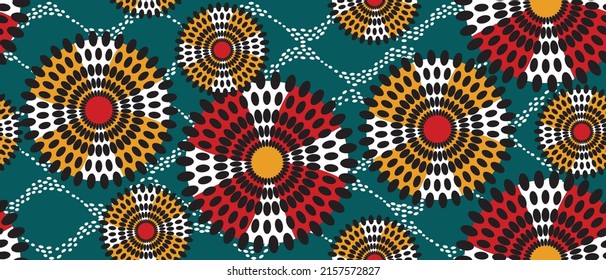 African Ethnic Traditional Green Pattern. Seamless Beautiful Kitenge, Chitenge Style. Fashion Design In Colorful. Geometric Circle Abstract Motif. Floral Ankara Prints, African Wax Prints.