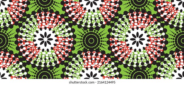 African ethnic traditional green pattern. seamless beautiful Kitenge, chitenge style. fashion design in colorful. Geometric circle abstract motif. Floral Ankara prints, African wax prints.