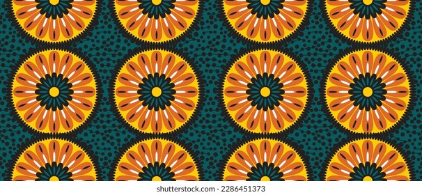 African ethnic traditional green pattern. seamless beautiful Kitenge, chitenge,Ankara style. fashion design in colorful. Geometric circle abstract motif. Floral Ankara prints, African wax prints