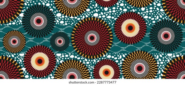 African ethnic traditional green pattern. seamless beautiful Kitenge, chitenge,Ankara style. fashion design in colorful. Geometric circle abstract motif. Floral Ankara prints, African wax prints