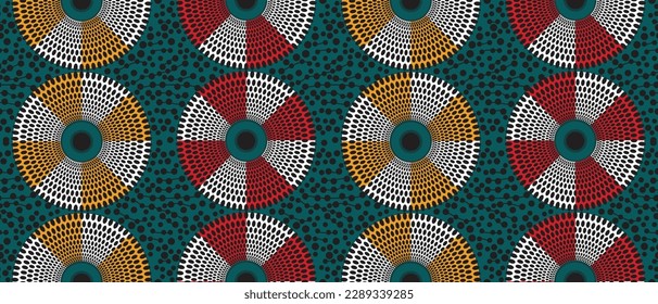 African ethnic traditional green pattern. seamless beautiful Kitenge, chitenge,Ankara style. fashion design in colorful. Geometric circle abstract motif. Floral Ankara prints, African wax prints