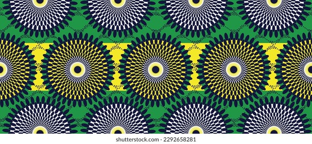 African ethnic traditional green pattern. seamless beautiful Kitenge, chitenge,Ankara style. fashion design in colorful. Geometric circle abstract motif. Floral Ankara prints, African wax prints