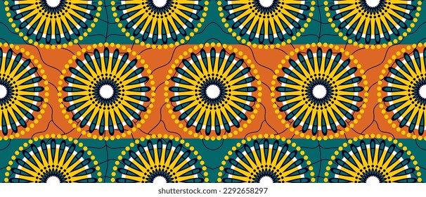 African ethnic traditional green pattern. seamless beautiful Kitenge, chitenge,Ankara style. fashion design in colorful. Geometric circle abstract motif. Floral Ankara prints, African wax prints