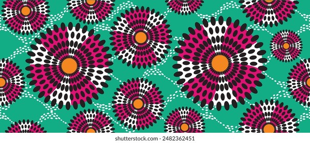 African ethnic traditional green pattern. seamless beautiful Kitenge, chitenge style. fashion design in colorful. Geometric circle abstract motif. Floral Ankara prints, African wax prints.