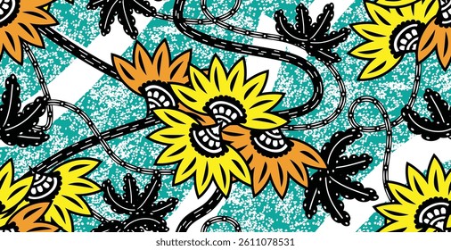 African ethnic traditional green pattern. seamless beautiful Kitenge, chitenge style. fashion design in colorful. Geometric yellow flower abstract motif. Floral Ankara prints, African wax prints.