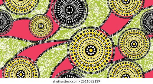 African ethnic traditional green pattern. seamless beautiful Kitenge, chitenge style. fashion design in colorful. Geometric circle abstract motif. Floral Ankara prints, African wax prints.