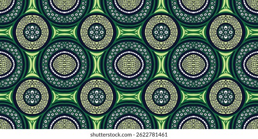 African ethnic traditional green pattern. seamless beautiful green Kitenge, chitenge style. fashion design in colorful. Geometric circle abstract motif. Floral Ankara prints, African wax prints.