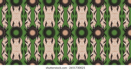 African ethnic traditional green pattern. seamless beautiful Kitenge, chitenge,Ankara style. fashion design in colorful. Geometric circle abstract motif. Floral Ankara prints, African wax prints