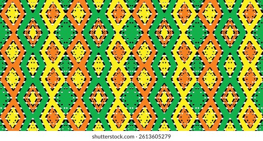 African ethnic traditional green, yellow, orange pattern. seamless beautiful Kitenge, chitenge style. fashion design in colorful. Geometric abstract motif. Rhombus  Ankara prints, African wax prints.