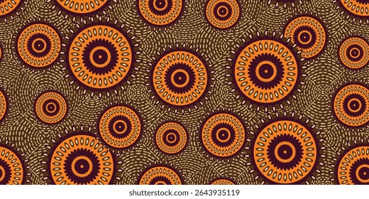 African ethnic traditional orange and brown pattern. seamless beautiful Kitenge, chitenge style. fashion design in colorful. Geometric circle abstract motif. Floral Ankara prints, African wax prints.