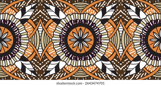 African ethnic traditional orange color pattern. seamless beautiful Kitenge, chitenge style. fashion design in brown.Geometric circle abstract motif.Botanical Floral Ankara prints, African wax prints.