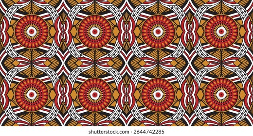African ethnic traditional orange pattern. seamless beautiful Kitenge, chitenge style. fashion design in brown. Geometric circle orange abstract motif. Floral Ankara prints, African wax prints.