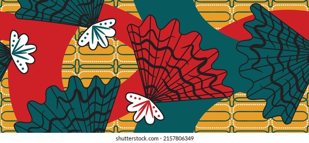 African ethnic traditional pattern. seamless beautiful Kitenge, chitenge style. fashion design in colorful. Geometric abstract motif. Ankara prints, African wax prints. Orange, Red, and Green colors 