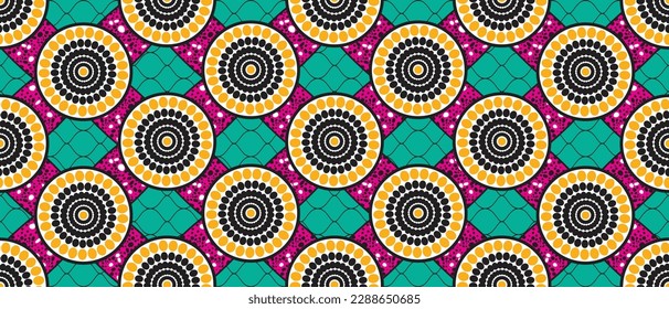 African ethnic traditional pattern. seamless beautiful Kitenge, chitenge, Ankara style. fashion design in colorful. Geometric circle abstract motif. Floral flower Ankara prints, African wax prints