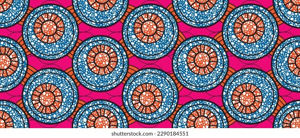 African ethnic traditional pattern. seamless beautiful Kitenge, chitenge, Ankara style. fashion design in colorful. Geometric blue circle abstract motif. pink background. African wax prints