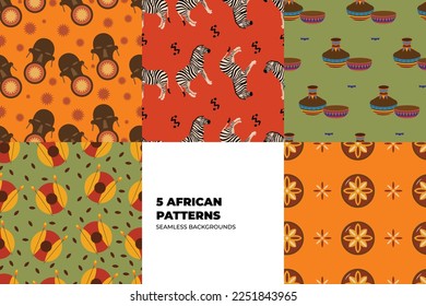 African ethnic traditional pattern set. seamless beautiful Kitenge, chitenge, dutch wax style. fashion design in colorful. Geometric abstract motif set. African wax prints. Vector illustration