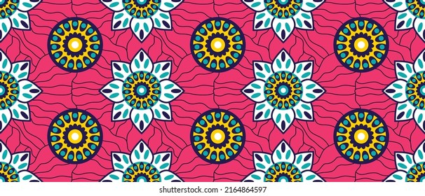 African ethnic traditional pink background pattern. seamless beautiful Kitenge, chitenge style. fashion design in colorful. Geometric circle abstract motif. Floral Ankara prints, African wax prints.