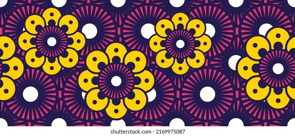 African ethnic traditional pink background pattern. seamless beautiful yellow flower pattern. fashion design in colorful. Geometric circle abstract motif. Floral Ankara prints, African wax prints.