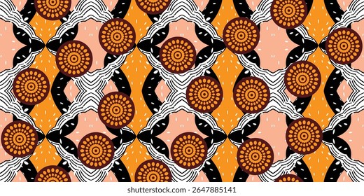 African ethnic traditional pink orange pattern. seamless beautiful Kitenge, chitenge style. fashion design in colorful. Geometric circle abstract motif. Floral Ankara prints, African wax prints.