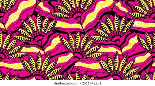 African ethnic traditional pink pattern. seamless beautiful Kitenge, chitenge style. fashion design colorful. Geometric yellow flower abstract motif. Floral Ankara prints, African wax prints.