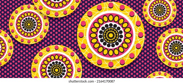 African ethnic traditional pink purple pattern. seamless beautiful Kitenge, chitenge style. fashion design in colorful. Geometric circle abstract motif. Floral Ankara prints, African wax prints.