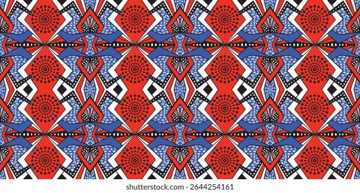 African ethnic traditional red and blue pattern. seamless beautiful Kitenge, chitenge style. fashion design in colorful. Geometric circle abstract motif. graphic Ankara prints, African wax prints.