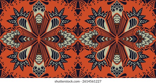  African ethnic traditional red orange color pattern. seamless beautiful Kitenge, chitenge style. fashion design in colorful. Geometric African abstract motif. Floral Ankara prints, African wax prints