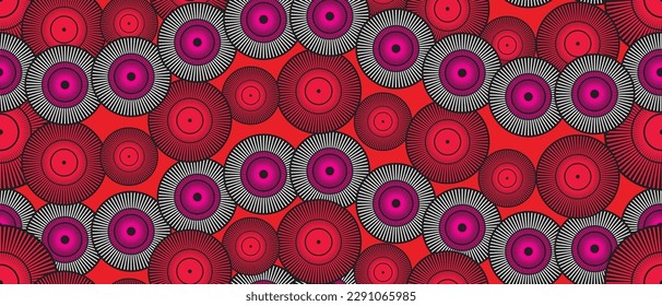 African ethnic traditional red pattern. seamless beautiful Kitenge, chitenge,Ankara style. fashion design in colorful. Geometric circle abstract motif. Floral flower Ankara prints, African wax prints