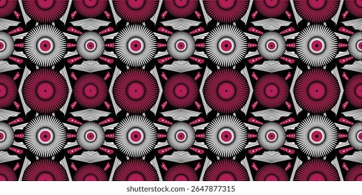 African ethnic traditional red purple pattern. seamless beautiful Kitenge, chitenge style. fashion design in colorful. Geometric circle abstract motif. Floral Ankara prints, African wax prints.