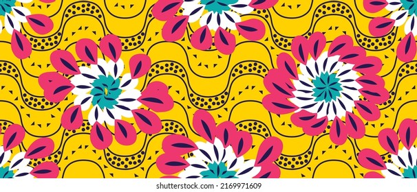 African ethnic traditional yellow background pattern. seamless beautiful Kitenge, chitenge style. fashion design in colorful. Geometric circle abstract motif. Floral Ankara prints, African wax prints.