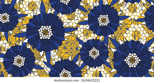 African ethnic traditional yellow, Blue pattern. fashion design in colorful. botanical abstract motif. floral Ankara prints, African wax prints. seamless beautiful Kitenge, chitenge, dutch wax style. 