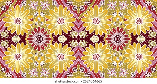 African ethnic traditional yellow floral pattern. seamless beautiful Kitenge flower, chitenge style. fashion hand drawn design in colorful. floral botanical motif. Ankara prints, African wax prints.