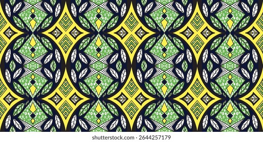 African ethnic traditional yellow and green pattern. seamless beautiful Kitenge, chitenge style. fashion design in colorful. Geometric abstract motif. Ankara prints, African wax prints. graphic floral