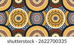 African ethnic traditional yellow pattern. seamless beautiful Kitenge circle, chitenge geometric style. fashion design in brown tone. Geometric circle abstract motif. Ankara prints,African wax prints.
