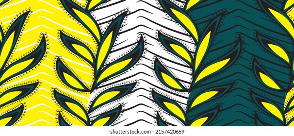 African ethnic traditional yellow pattern. seamless beautiful Kitenge, chitenge, dutch wax style. fashion design in colorful. Leaves abstract motif. Botanical Ankara prints, African wax prints.