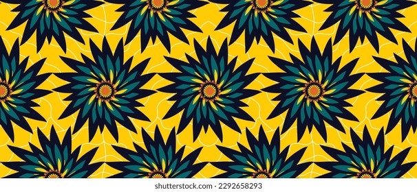 African ethnic traditional yellow pattern. seamless beautiful floral  Kitenge, chitenge, Ankara style. fashion design in colorful. green and blue flower motif. Ankara prints, African wax prints