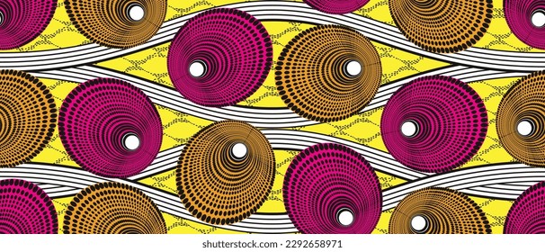 African ethnic traditional yellow pattern. seamless beautiful Kitenge, chitenge, Ankara style. fashion design in colorful. Geometric circle abstract motif. Curvy wave line, African wax prints