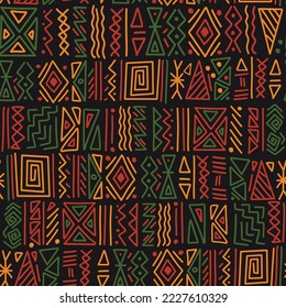 African ethnic tribal clash ornament seamless pattern background. Simple hand drawn symbols background in traditional African colors - black, red, yellow, green. Kwanzaa decorative print