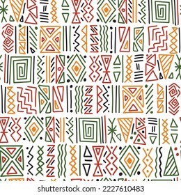 African ethnic tribal clash ornament seamless pattern background. Simple lines, triangles hand drawn symbols motif. Vector wallpaper, texture, print design.