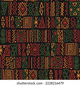 African ethnic tribal clash ornament seamless pattern background. Simple hand drawn symbols background in traditional African colors - black, red, yellow, green. Kwanzaa decorative print