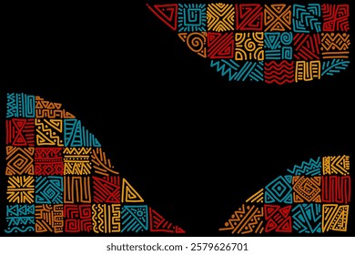 African ethnic tribal hand drawn ornament pattern background. Simple hand drawn symbols background in traditional African colors