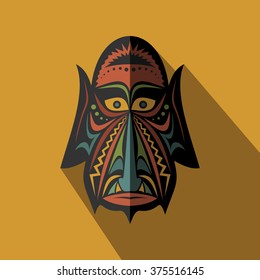 African Ethnic Tribal mask in color background. Flat icon. Ritual symbol.