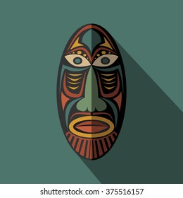 African Ethnic Tribal mask in color background. Flat icon. Ritual symbol.