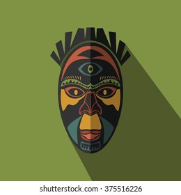African Ethnic Tribal mask in color background. Flat icon. Ritual symbol.